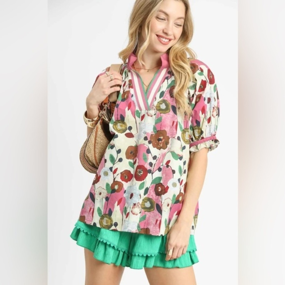 Umgee Floral Print Puff Sleeve Oversized Blouse